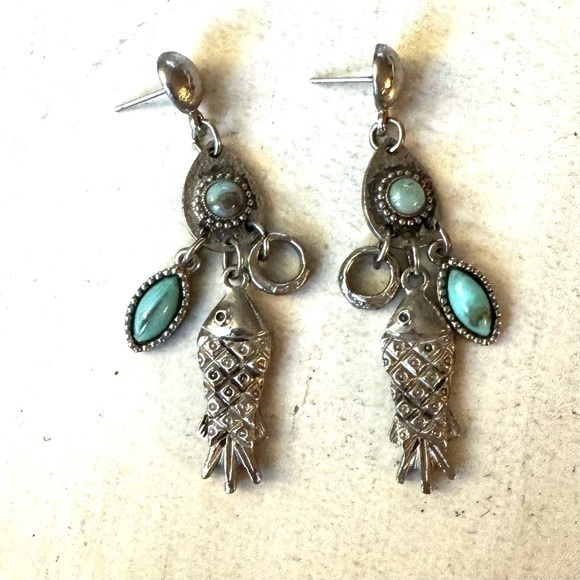 Jewelry - Silver Fish Earrings with Turquoise Color Stones